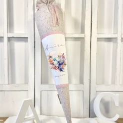 Rosa Stoff Schultüte Vogel Mädchen Name Personalisiert Blumen Boho Vintage Einschulungstüte Zuckertüte 70 cm | Optional mit Füllkissen und Spitzenschutz