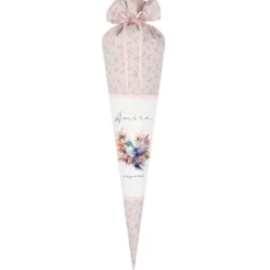 Rosa Stoff Schultüte Vogel Mädchen Name Personalisiert Blumen Boho Vintage Einschulungstüte Zuckertüte 70 cm | Optional mit Füllkissen und Spitzenschutz