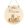 Rundes Namensschild "Boho Tiere" aus Holz mit dem Namen des Kindes