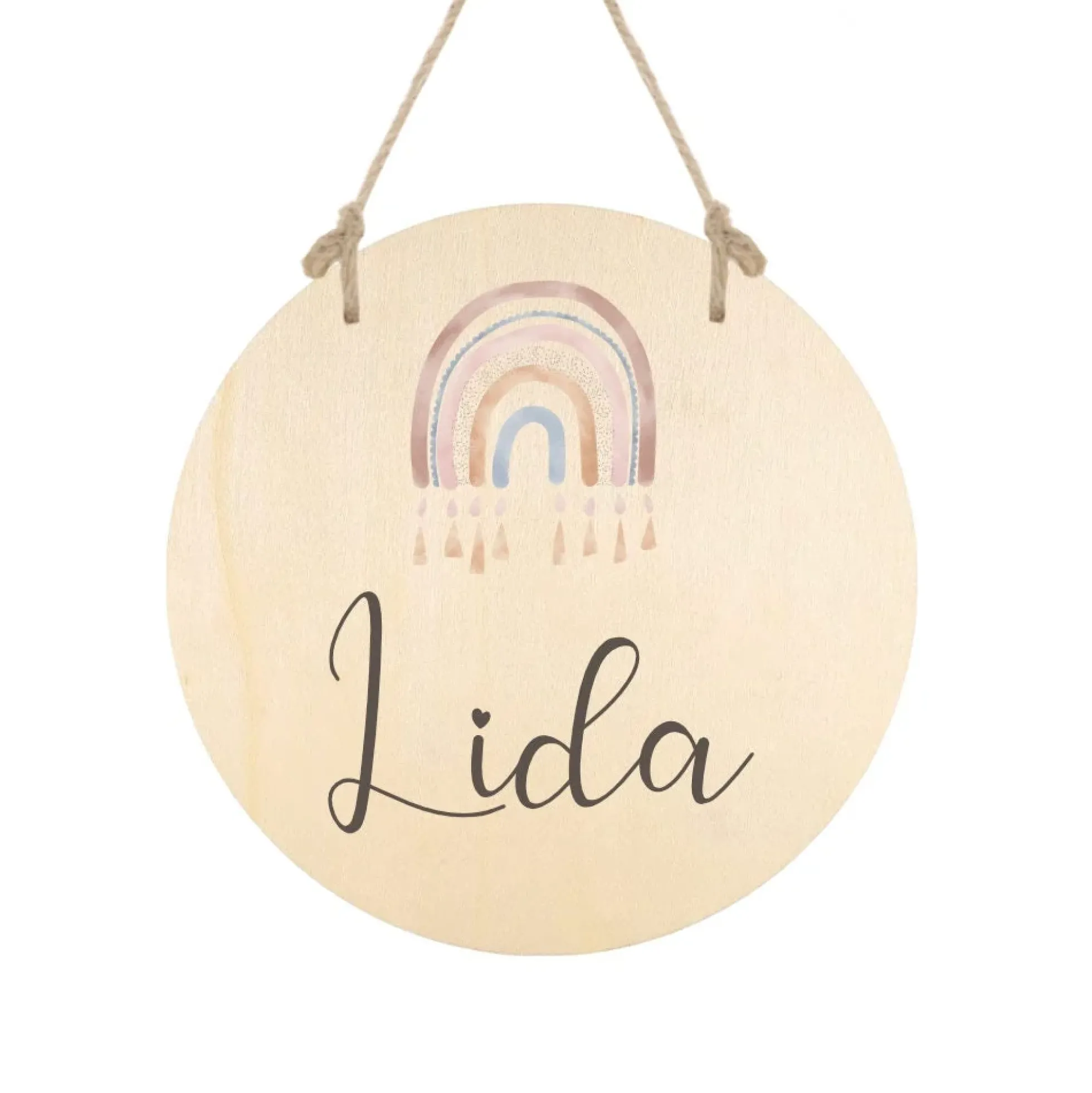 Rundes Namensschild "Regenbogen" | Personalisiert mit dem Namen des Babys. u. Kindes | Liebevolle Deko für das Baby- und Kinderzimmer aus Holz und personalisiertes Geschenk zur Geburt u. Taufe | Türschild in 6 Motivvarianten für Jungen und Mädchen
