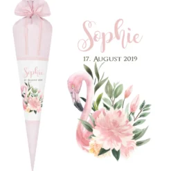 Schöne Schultüte aus rosa Stoff mit einem Flamingo | Stoffschultüte mit Namen u. Einschulungsdatum des Mädchens | Optional mit Füllkissen und Spitzenschutz