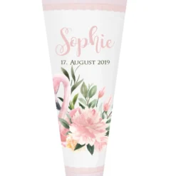 Schöne Schultüte aus rosa Stoff mit einem Flamingo | Stoffschultüte mit Namen u. Einschulungsdatum des Mädchens | Optional mit Füllkissen und Spitzenschutz