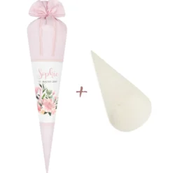 Schöne Schultüte aus rosa Stoff mit einem Flamingo | Stoffschultüte mit Namen u. Einschulungsdatum des Mädchens | Optional mit Füllkissen und Spitzenschutz