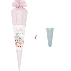 Schöne Schultüte aus rosa Stoff mit einem Flamingo | Stoffschultüte mit Namen u. Einschulungsdatum des Mädchens | Optional mit Füllkissen und Spitzenschutz