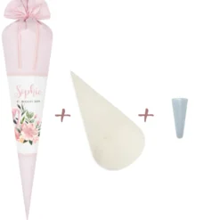 Schöne Schultüte aus rosa Stoff mit einem Flamingo | Stoffschultüte mit Namen u. Einschulungsdatum des Mädchens | Optional mit Füllkissen und Spitzenschutz