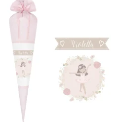Schöne Schultüte für Mädchen mit Ballerina und Namen des Kindes | Besondere Stoffschultüte liebevoll personalisiert | Optional mit Füllkissen und Spitzenschutz
