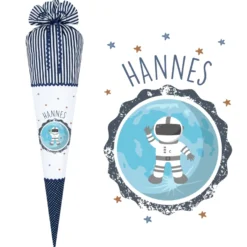 Schultüte "Astronaut" | Blaue Stoffschultüte für Jungen | Einschulungstüte mit Namen aus Stoff | Optional mit Füllkissen und Spitzenschutz