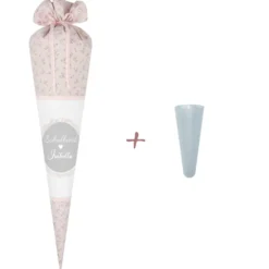 Schultüte aus geblümten Stoff in Rosa | Personalisiert mit dem Namen des Kindes | Optional mit Füllkissen und Spitzenschutz