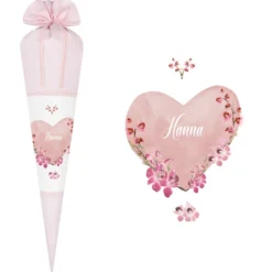 Schultüte aus rosa Stoff für Mädchen | Personalisierte Stoffschultüte mit einem Herz | Optional mit Füllkissen und Spitzenschutz