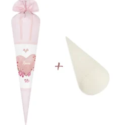 Schultüte aus rosa Stoff für Mädchen | Personalisierte Stoffschultüte mit einem Herz | Optional mit Füllkissen und Spitzenschutz