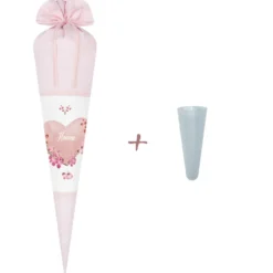 Schultüte aus rosa Stoff für Mädchen | Personalisierte Stoffschultüte mit einem Herz | Optional mit Füllkissen und Spitzenschutz
