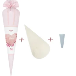 Schultüte aus rosa Stoff für Mädchen | Personalisierte Stoffschultüte mit einem Herz | Optional mit Füllkissen und Spitzenschutz