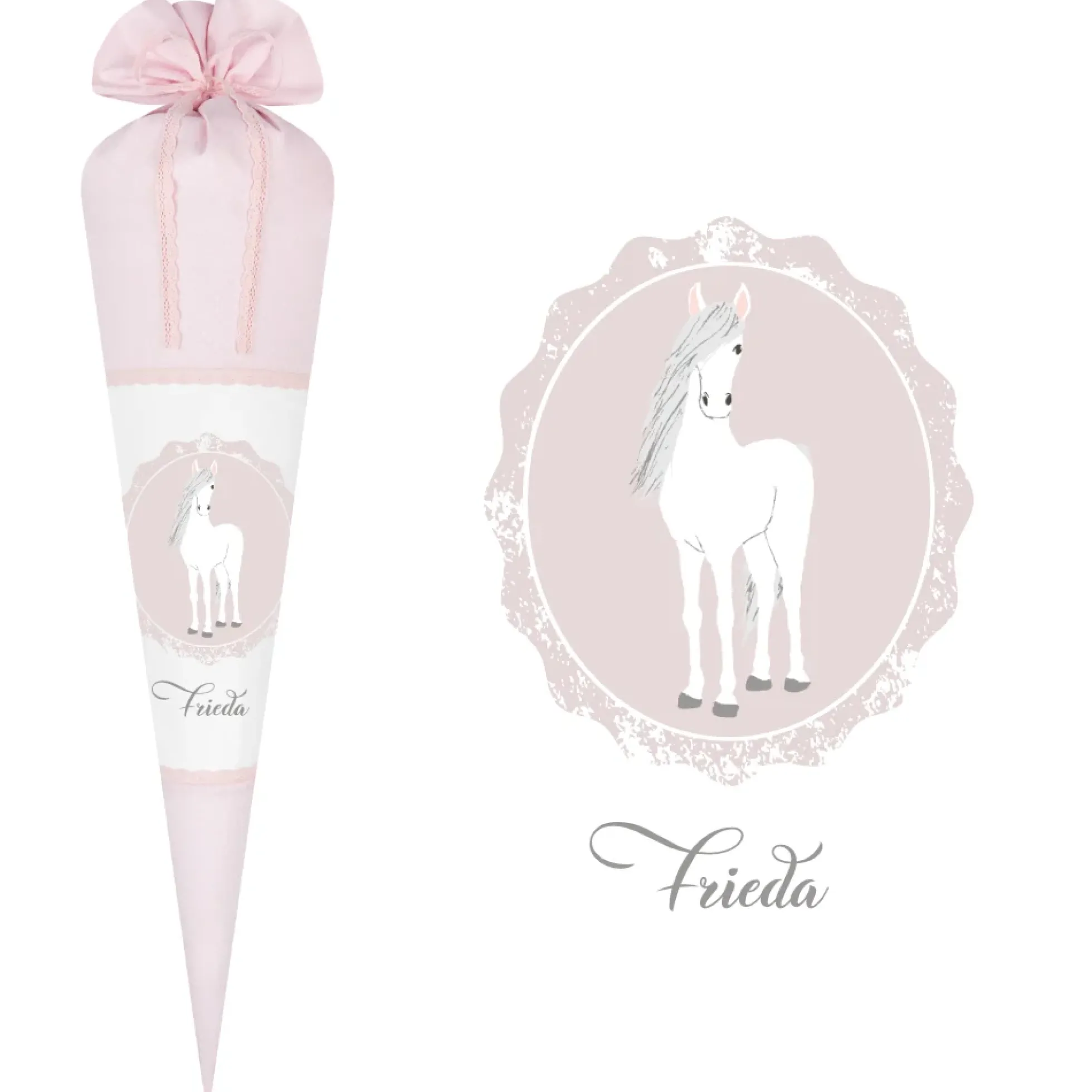 Schultüte aus rosa Stoff mit einem Pony | Personalisierte Stoffschultüte für Mädchen | Optional mit Füllkissen und Spitzenschutz
