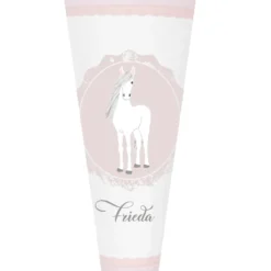 Schultüte aus rosa Stoff mit einem Pony | Personalisierte Stoffschultüte für Mädchen | Optional mit Füllkissen und Spitzenschutz