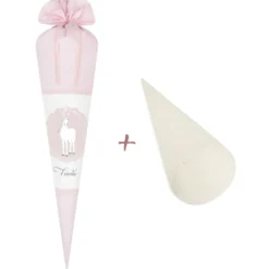 Schultüte aus rosa Stoff mit einem Pony | Personalisierte Stoffschultüte für Mädchen | Optional mit Füllkissen und Spitzenschutz