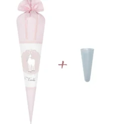 Schultüte aus rosa Stoff mit einem Pony | Personalisierte Stoffschultüte für Mädchen | Optional mit Füllkissen und Spitzenschutz