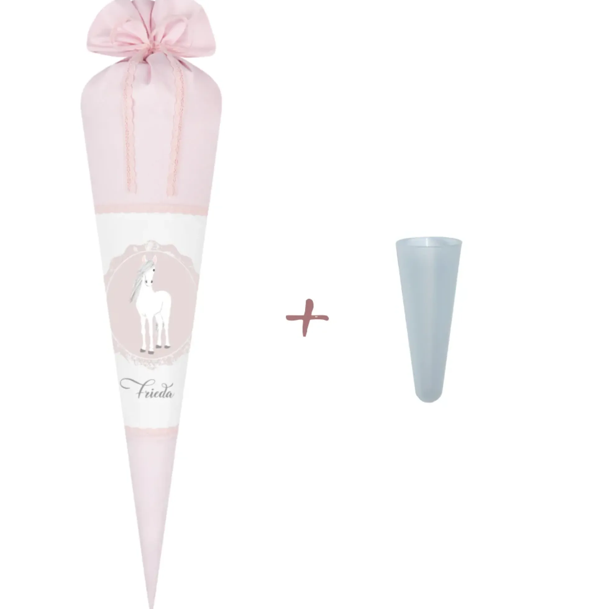Schultüte aus rosa Stoff mit einem Pony | Personalisierte Stoffschultüte für Mädchen | Optional mit Füllkissen und Spitzenschutz