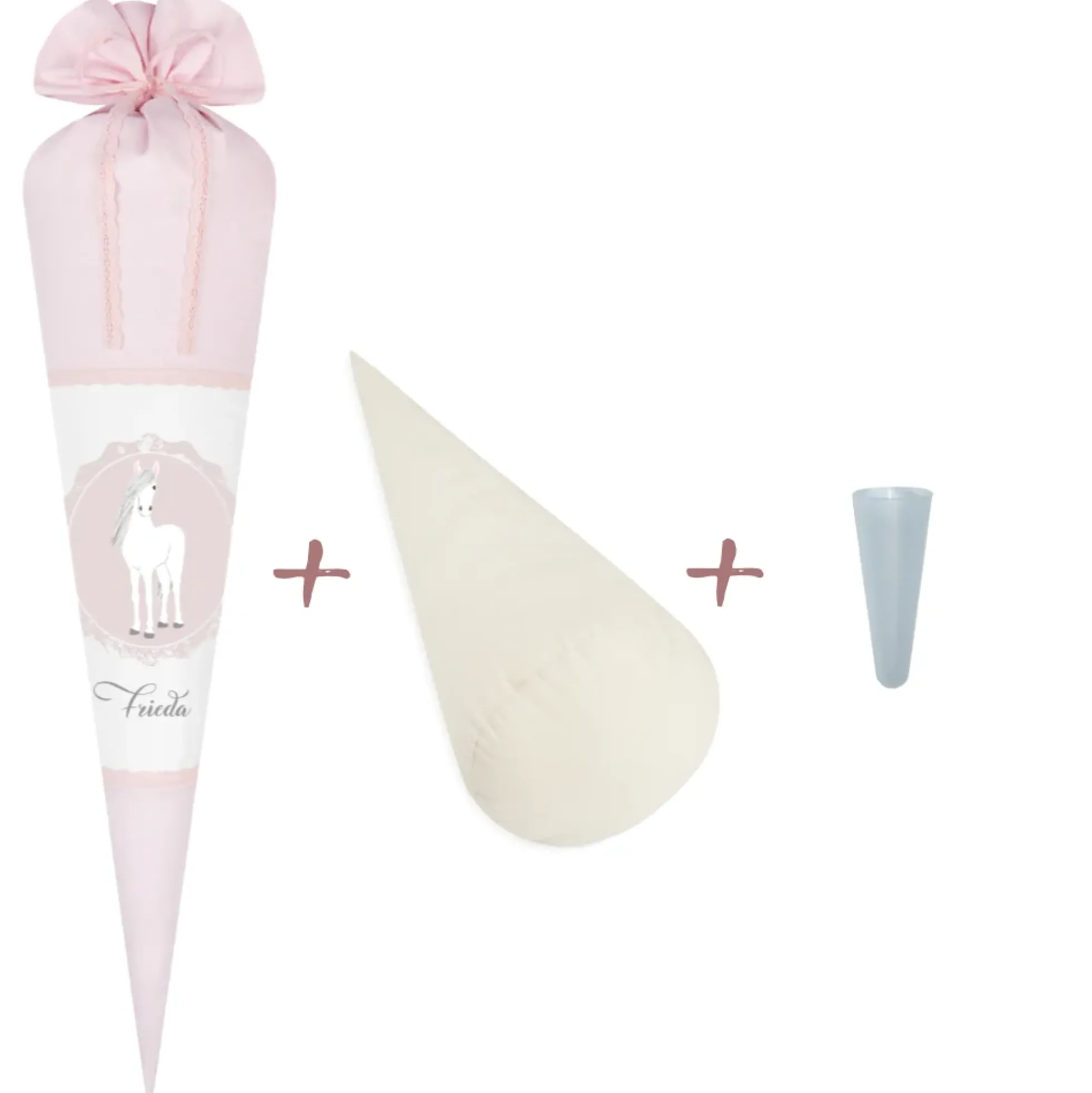 Schultüte aus rosa Stoff mit einem Pony | Personalisierte Stoffschultüte für Mädchen | Optional mit Füllkissen und Spitzenschutz