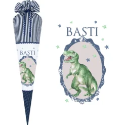 Schultüte "Dinosaurier" aus blauem Stoff | Personalisiert mit dem Namen für Jungen | Optional mit Füllkissen und Spitzenschutz