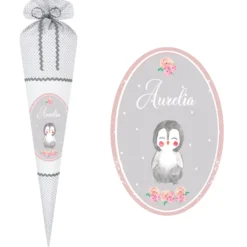 Schultüte für Mädchen mit schönem Pinguin | Stoffschultüte mit Namen | Handgefertigte Stoffschultüte zum Schulbeginn | Optional mit Füllkissen und Spitzenschutz