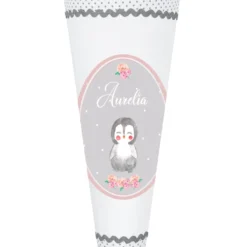 Schultüte für Mädchen mit schönem Pinguin | Stoffschultüte mit Namen | Handgefertigte Stoffschultüte zum Schulbeginn | Optional mit Füllkissen und Spitzenschutz