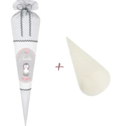 Schultüte für Mädchen mit schönem Pinguin | Stoffschultüte mit Namen | Handgefertigte Stoffschultüte zum Schulbeginn | Optional mit Füllkissen und Spitzenschutz
