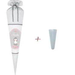 Schultüte für Mädchen mit schönem Pinguin | Stoffschultüte mit Namen | Handgefertigte Stoffschultüte zum Schulbeginn | Optional mit Füllkissen und Spitzenschutz