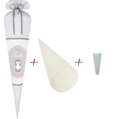Schultüte für Mädchen mit schönem Pinguin | Stoffschultüte mit Namen | Handgefertigte Stoffschultüte zum Schulbeginn | Optional mit Füllkissen und Spitzenschutz