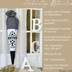 Schultüte Fußball in Blau für Jungen personalisierte Fußballspieler Einschulungstüte 70 cm | Manufaktur Liebevoll | Optional mit Füllkissen und Spitzenschutz