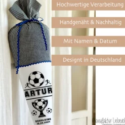 Schultüte Fußball in Blau für Jungen personalisierte Fußballspieler Einschulungstüte 70 cm | Manufaktur Liebevoll | Optional mit Füllkissen und Spitzenschutz
