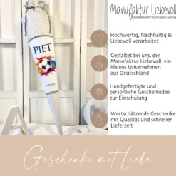 Schultüte Fußball Stoff Grau Junge Sport Fußballspieler Personalisiert Wunschname Einschulungstüte Einschulungsdatum 70 cm | Optional mit Füllkissen und Spitzenschutz