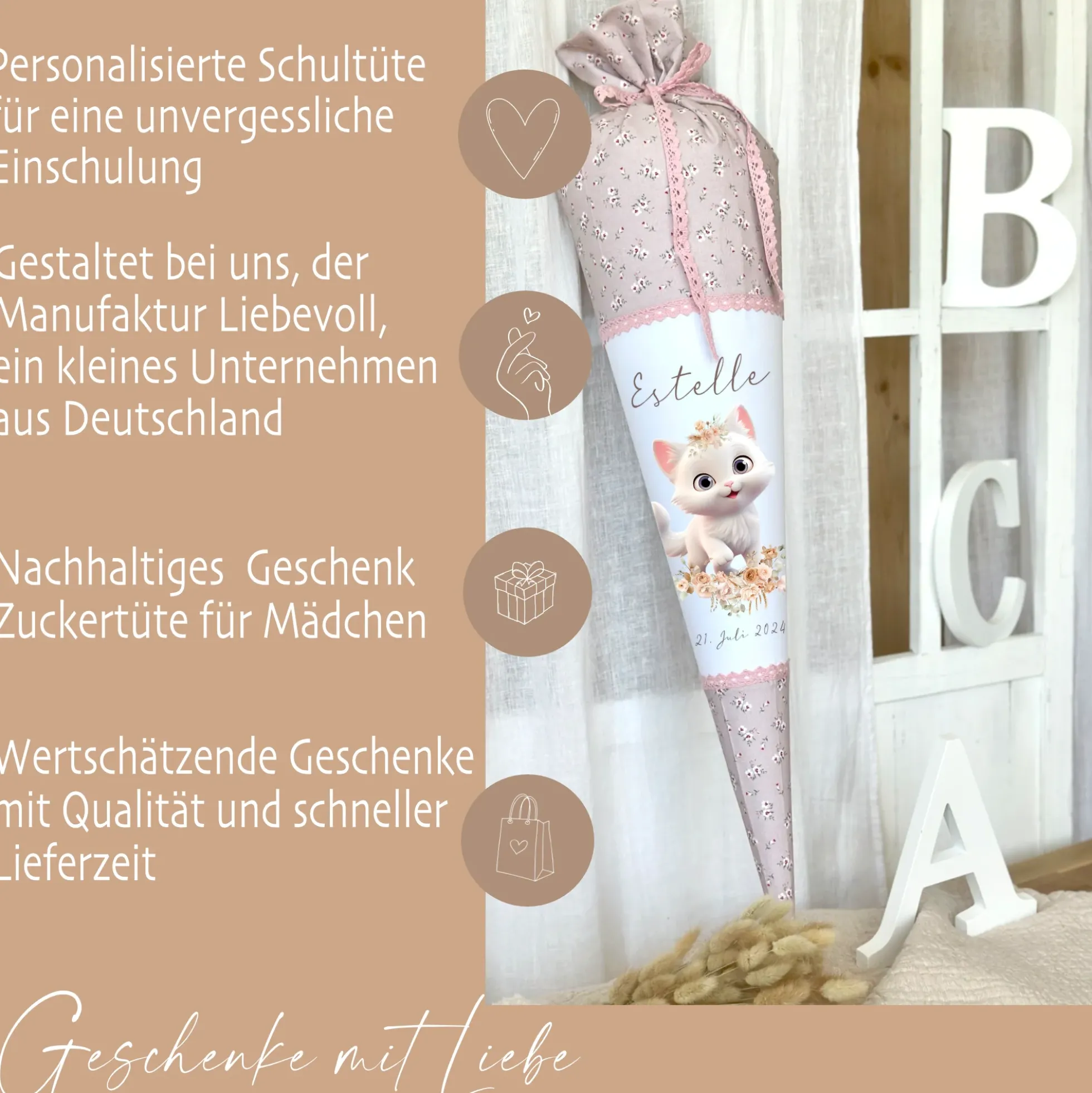 Schultüte Mädchen Personalisiert Schultüte Stoff Katze Zuckertüte Mädchen Schultüte Einschulung