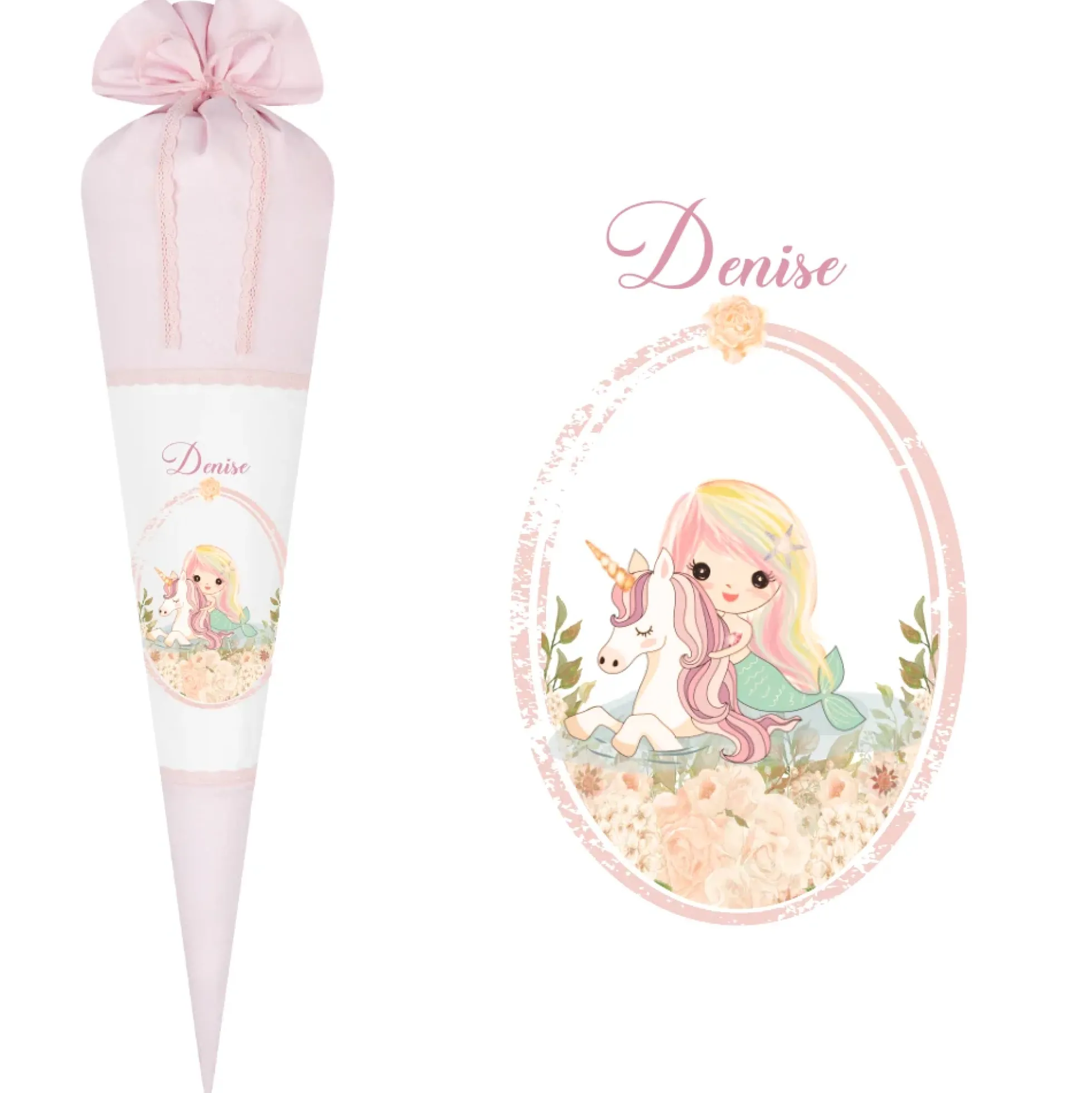 Schultüte "Meerjungfrau mit Einhorn" für Mädchen mit Namen | Personalisierte Stoffschultüte aus rosa Stoff mit weißen Punkten genäht | Optional mit Füllkissen und Spitzenschutz