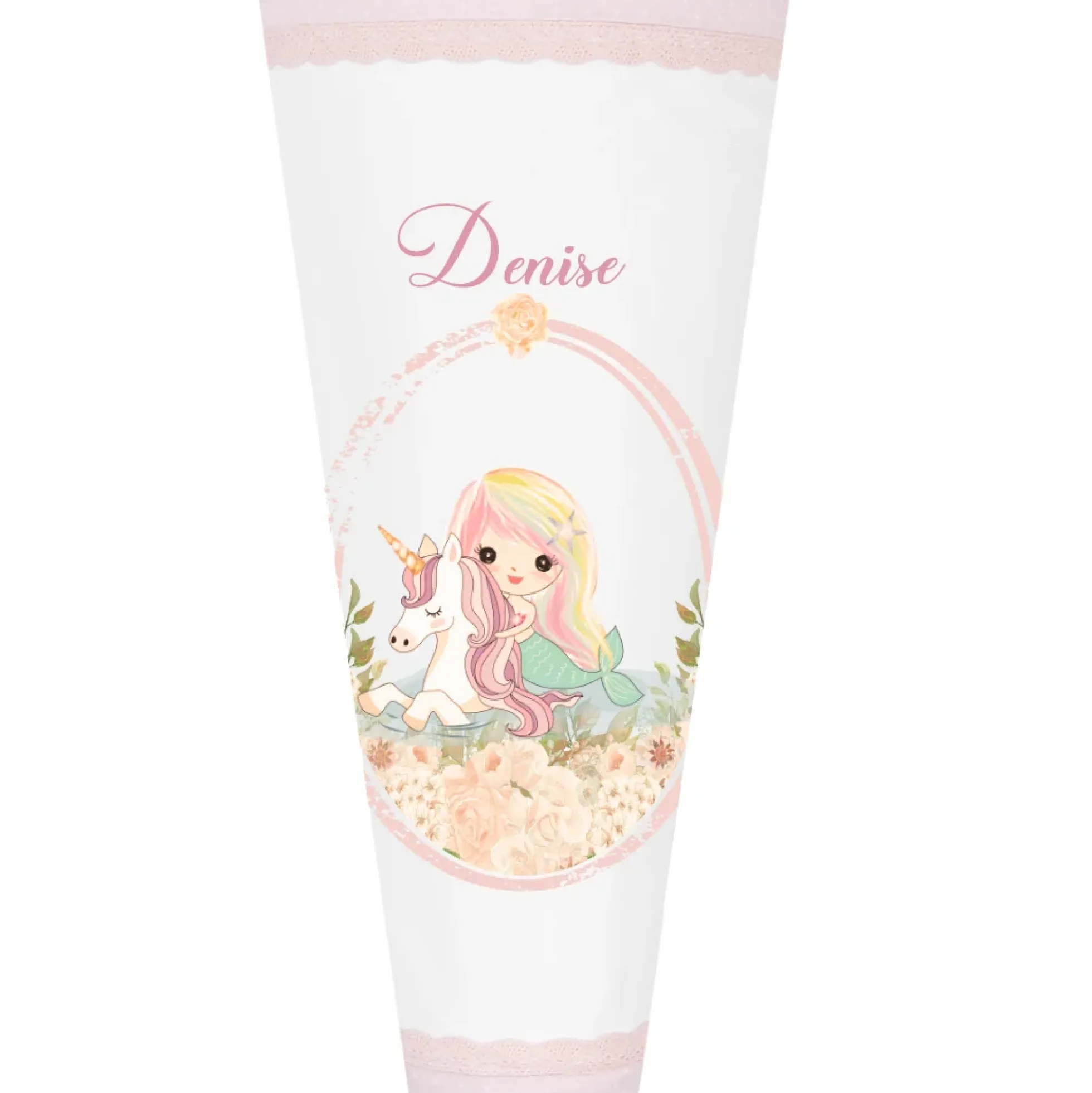 Schultüte "Meerjungfrau mit Einhorn" für Mädchen mit Namen | Personalisierte Stoffschultüte aus rosa Stoff mit weißen Punkten genäht | Optional mit Füllkissen und Spitzenschutz