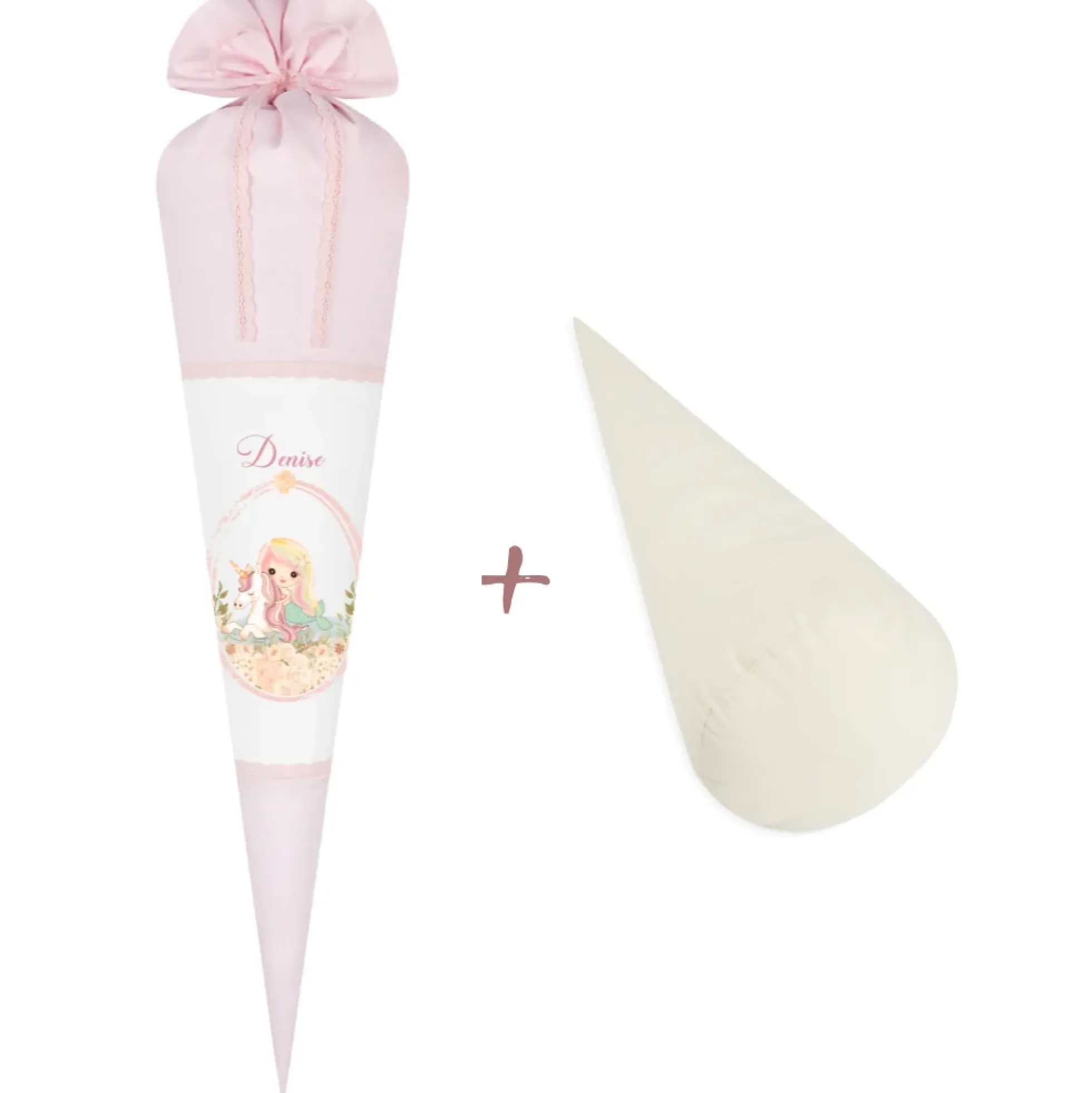 Schultüte "Meerjungfrau mit Einhorn" für Mädchen mit Namen | Personalisierte Stoffschultüte aus rosa Stoff mit weißen Punkten genäht | Optional mit Füllkissen und Spitzenschutz