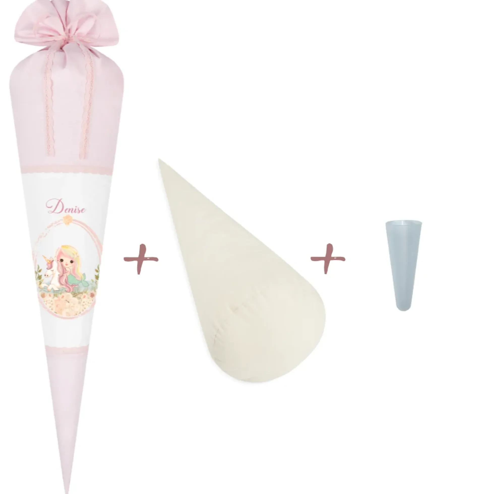 Schultüte "Meerjungfrau mit Einhorn" für Mädchen mit Namen | Personalisierte Stoffschultüte aus rosa Stoff mit weißen Punkten genäht | Optional mit Füllkissen und Spitzenschutz
