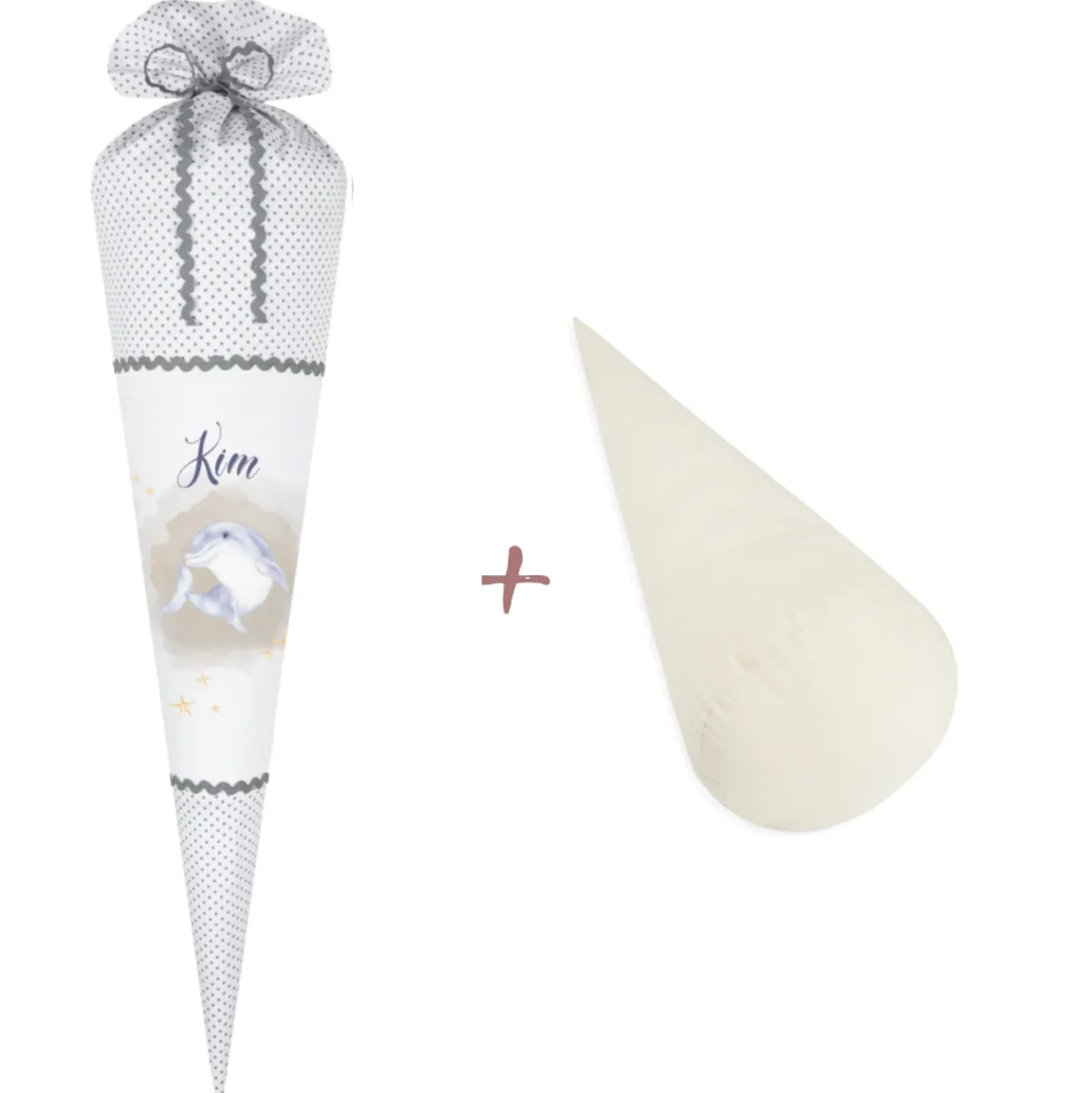 Schultüte mit Delfin und Namen | Stoffschultüte für das Schulkind | Optional mit Füllkissen und Spitzenschutz