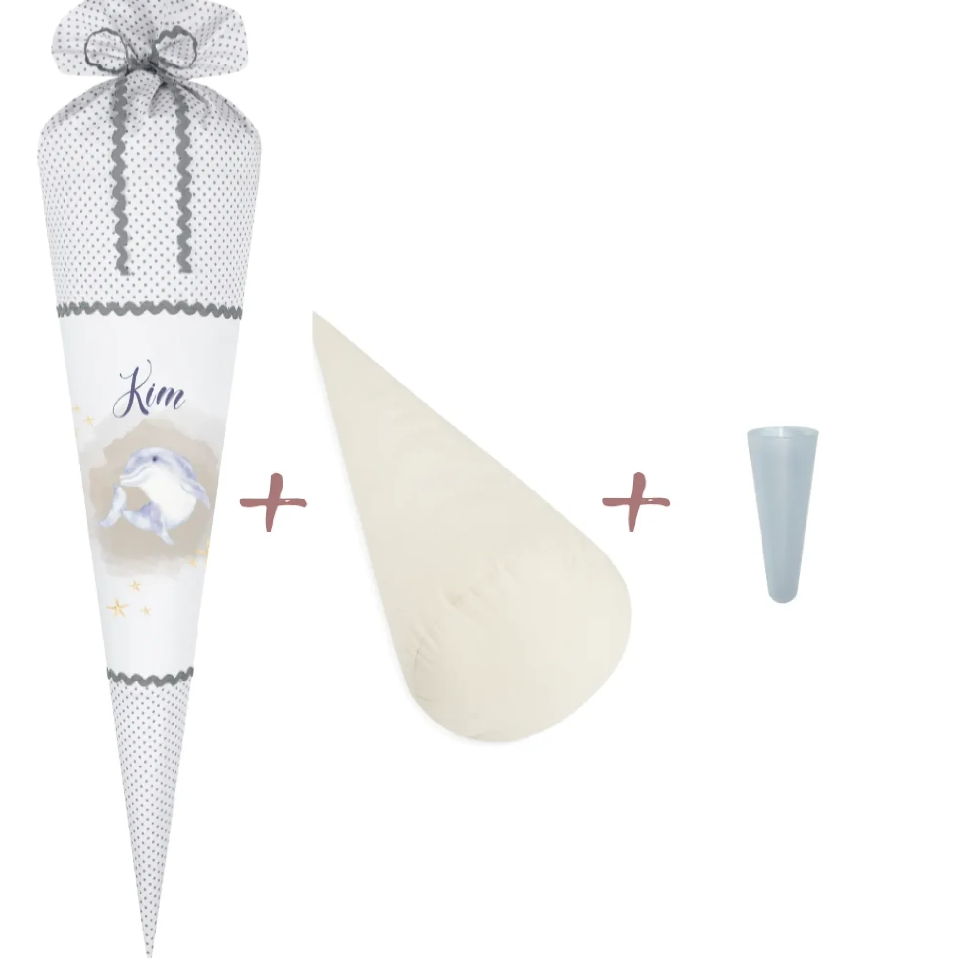 Schultüte mit Delfin und Namen | Stoffschultüte für das Schulkind | Optional mit Füllkissen und Spitzenschutz