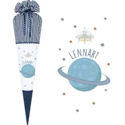 Schultüte "Planet" in Blau aus Stoff mit Namen | Stoffschultüte für Jungen genäht | Optional mit Füllkissen und Spitzenschutz