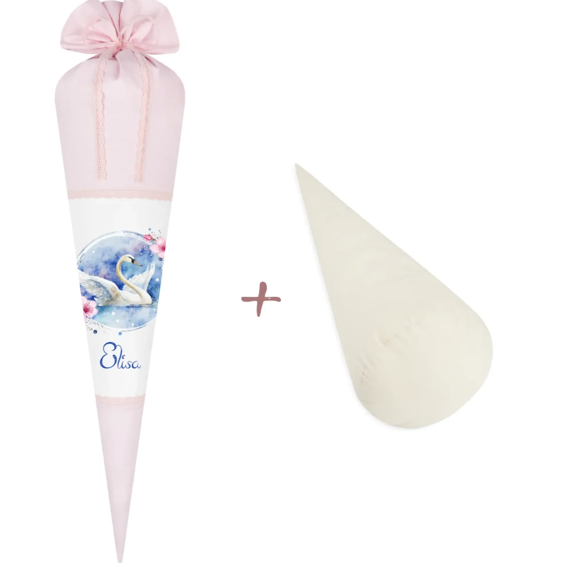 Schultüte "Schwan" aus Stoff | Personalisiert mit Namen und Datum für Mädchen | Optional mit Füllkissen und Spitzenschutz