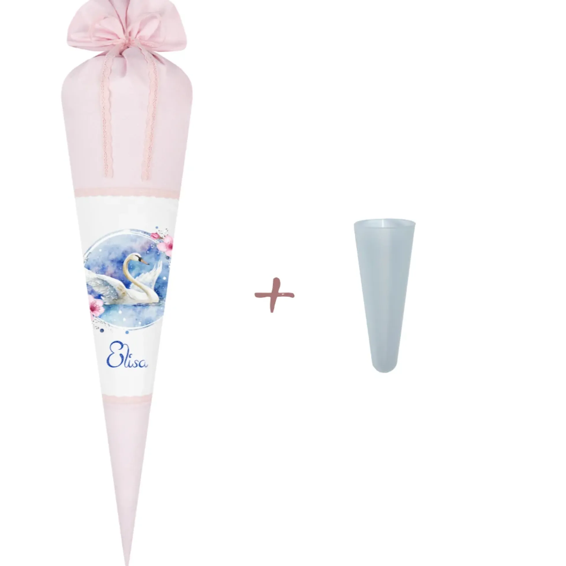 Schultüte "Schwan" aus Stoff | Personalisiert mit Namen und Datum für Mädchen | Optional mit Füllkissen und Spitzenschutz