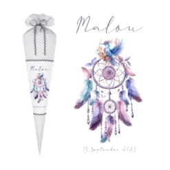 Schultüte Traumfänger Mädchen Name Personalisiert Blumen Boho Vintage Einschulungstüte Stoff Zuckertüte Datum 70 cm | Optional mit Füllkissen und Spitzenschutz