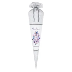 Schultüte Traumfänger Mädchen Name Personalisiert Blumen Boho Vintage Einschulungstüte Stoff Zuckertüte Datum 70 cm | Optional mit Füllkissen und Spitzenschutz
