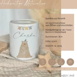 Spardose aus Keramik - Personalisiert mit dem Namen, Motiv "Bär" für Kinder