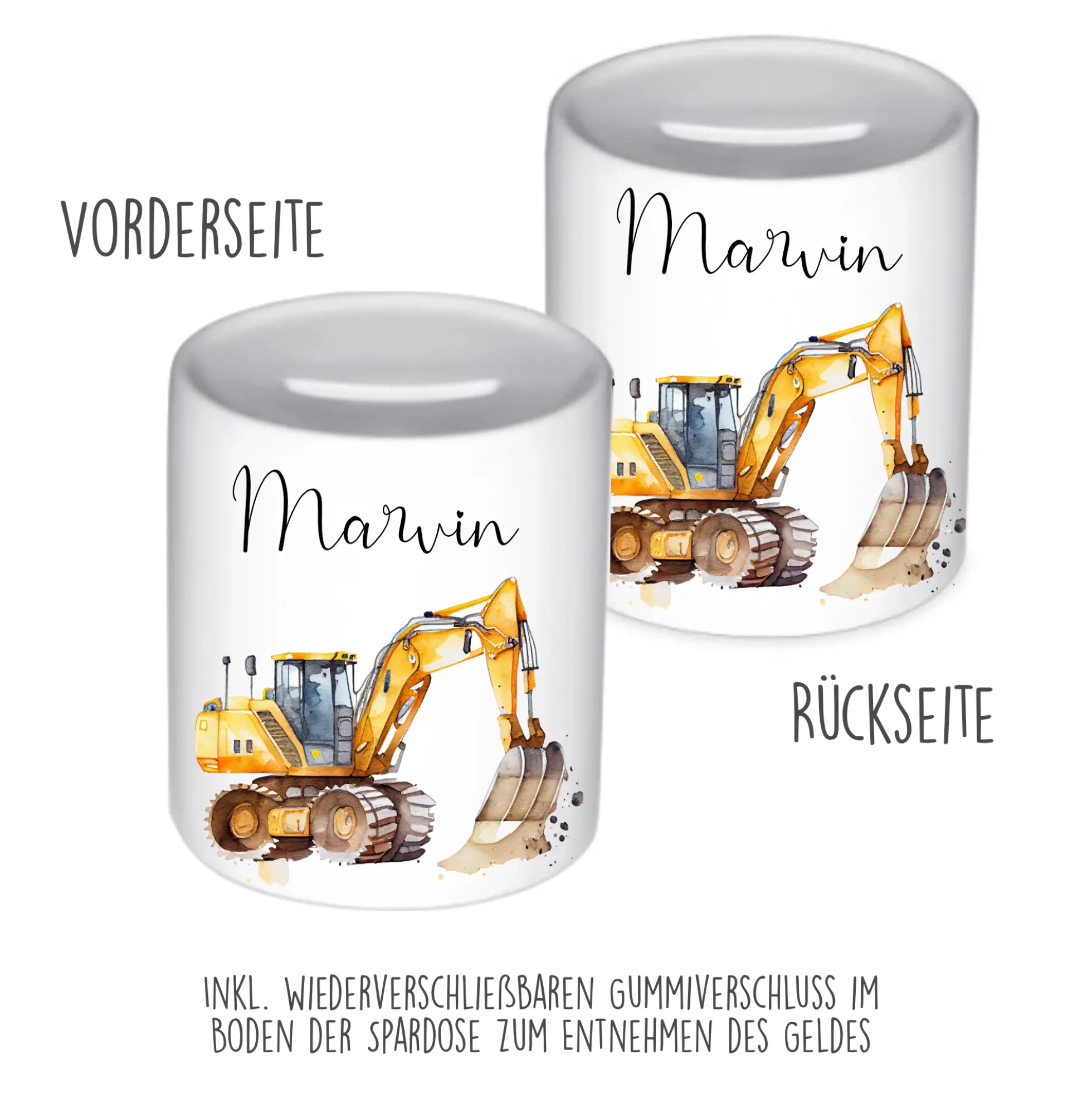 Spardose "Bagger" mit Namen für Jungen | Geschenk für Kinder | Personalisiertes Geldgeschenk I Geschenkidee zum Geburtstag | 10 Motive zur Auswahl