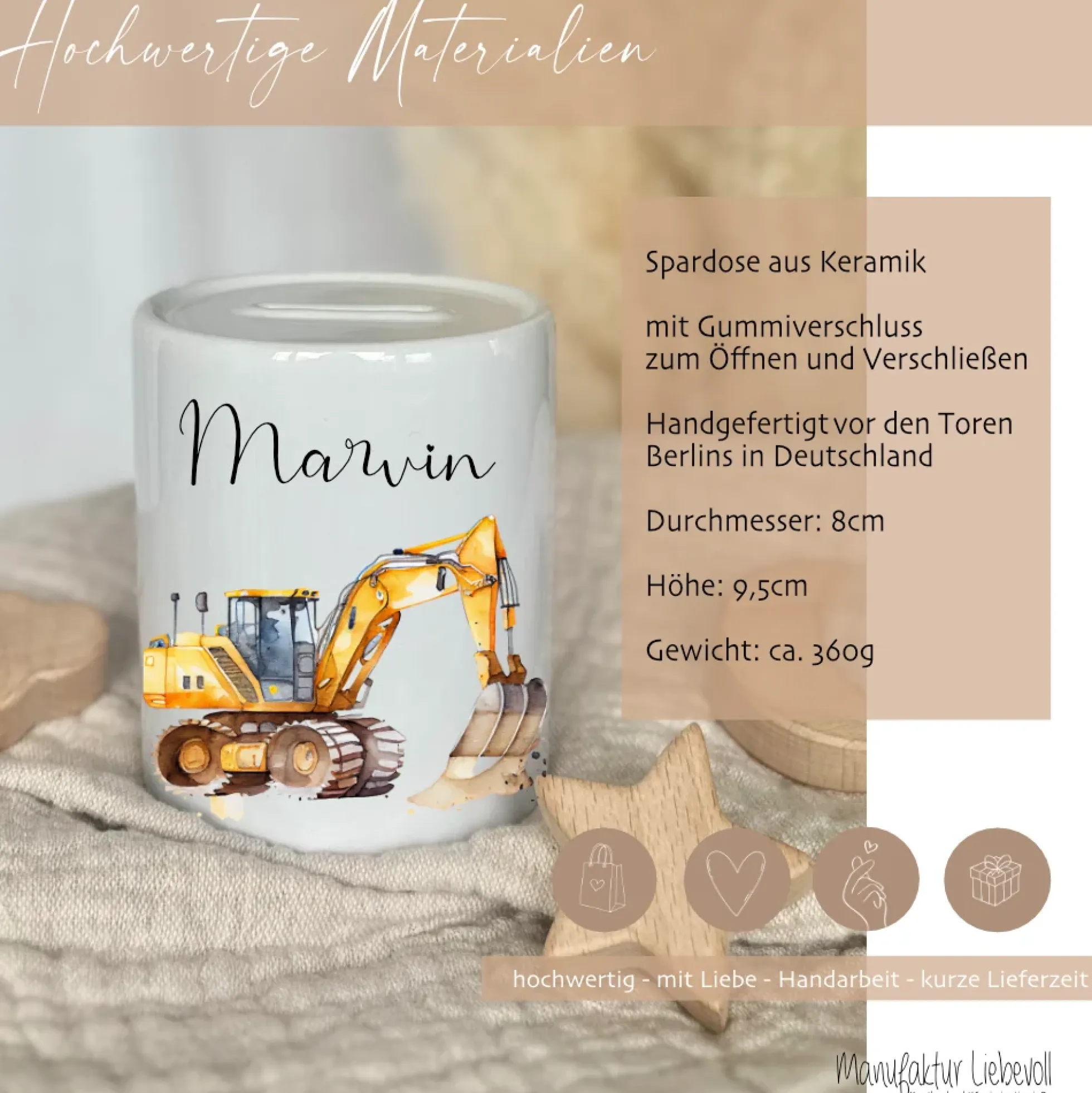 Spardose "Bagger" mit Namen für Jungen | Geschenk für Kinder | Personalisiertes Geldgeschenk I Geschenkidee zum Geburtstag | 10 Motive zur Auswahl