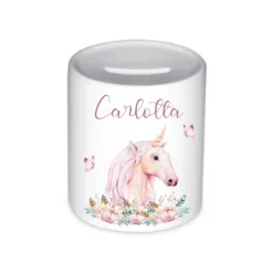 Spardose Einhorn mit Namen für Mädchen | Personalisiertes Geschenk für Kinder | Originelles Geldgeschenk u. handgefertigte Geschenkidee | 11 Motive zur Auswahl