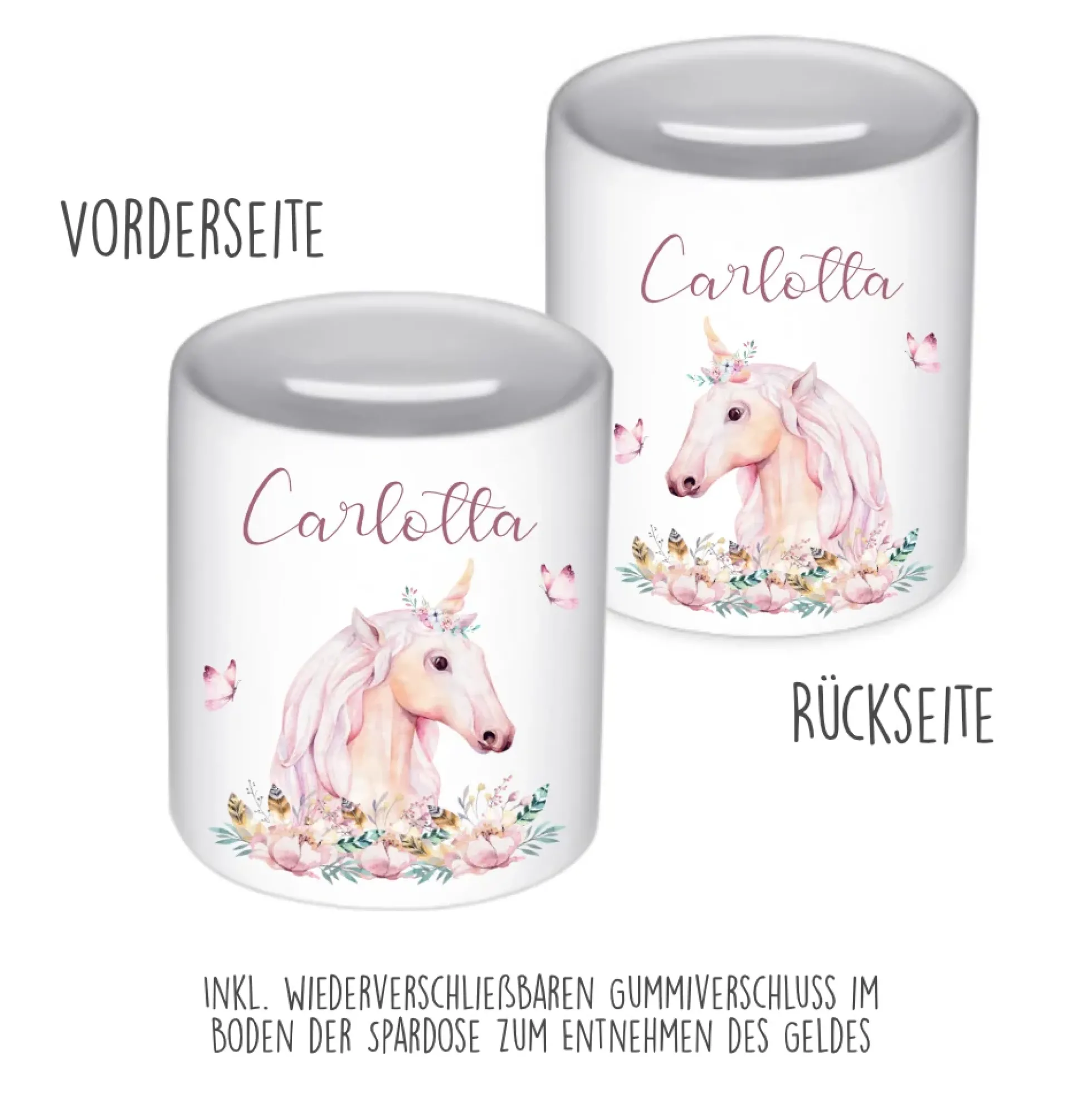 Spardose Einhorn mit Namen für Mädchen | Personalisiertes Geschenk für Kinder | Originelles Geldgeschenk u. handgefertigte Geschenkidee | 11 Motive zur Auswahl