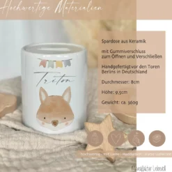 Spardose für Kinder - Personalisiert mit dem Namen, Motiv "Fuchs" aus Keramik