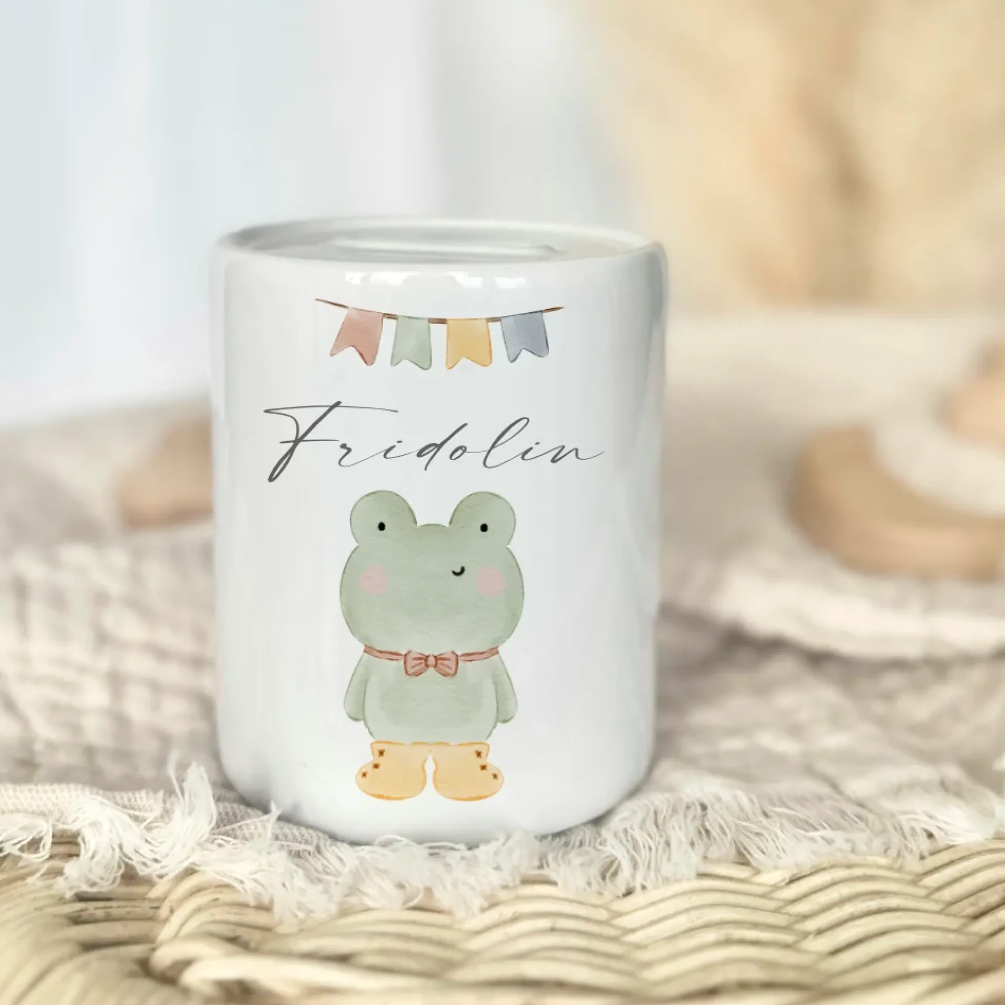 Spardose Frosch - Personalisierte Kinderspardose aus Keramik mit dem Namen des Kindes